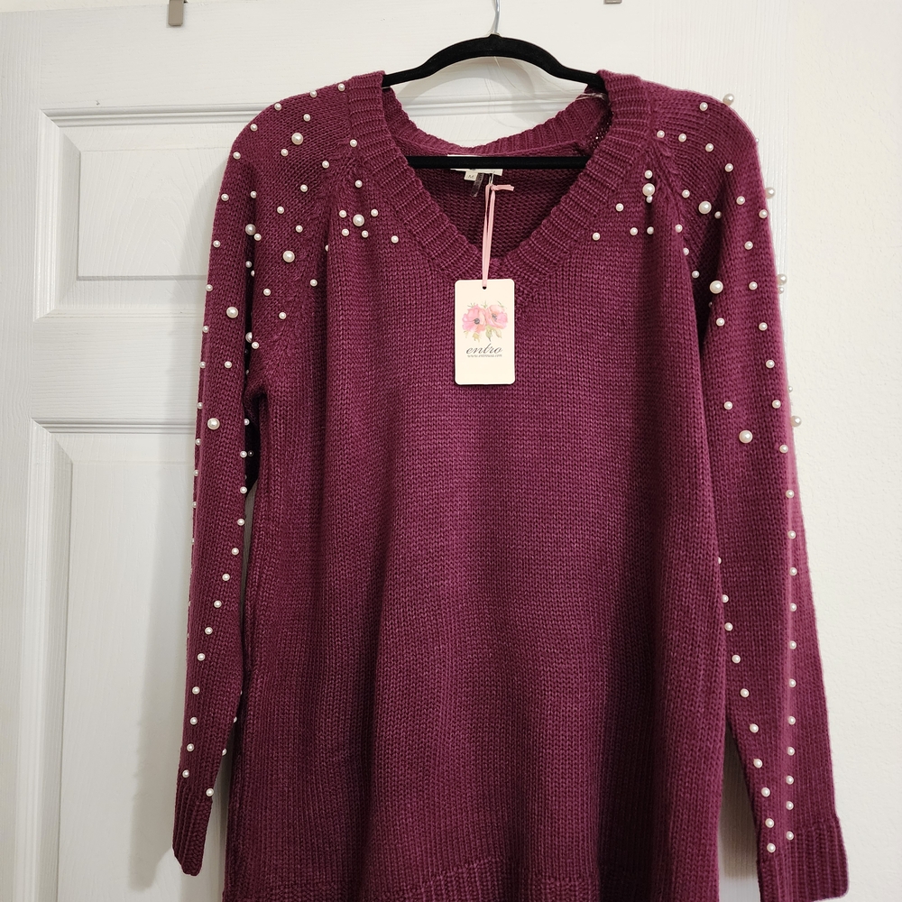 Entro Burgundy V-Neck Sweater with Pearl Accents Size M New W/Tags